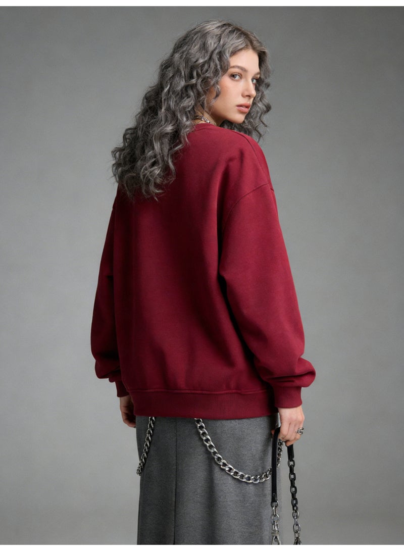 BM INS Burgundy "FREE YOUR MIND" Deconstructed Letter Oversized Crew Neck Sweatshirt | Unisex Streetwear Pullover With Slogan Print - Image 5